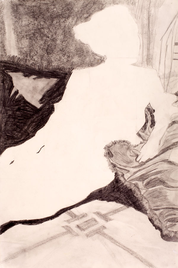 Drawing of empty woman looking out a window.