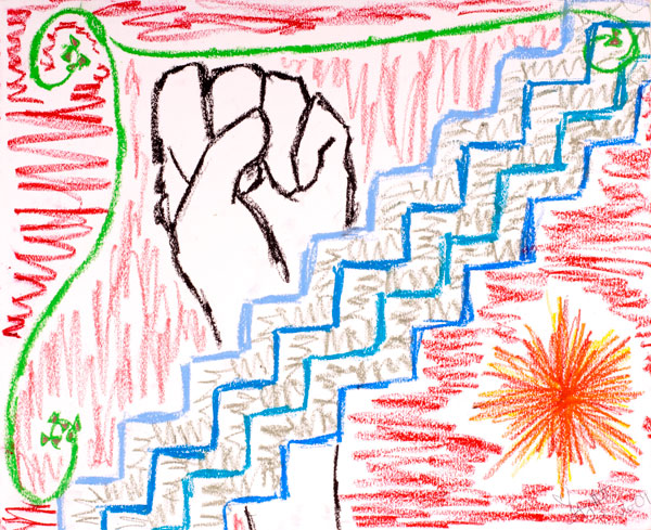Drawing of black fist over stairway.